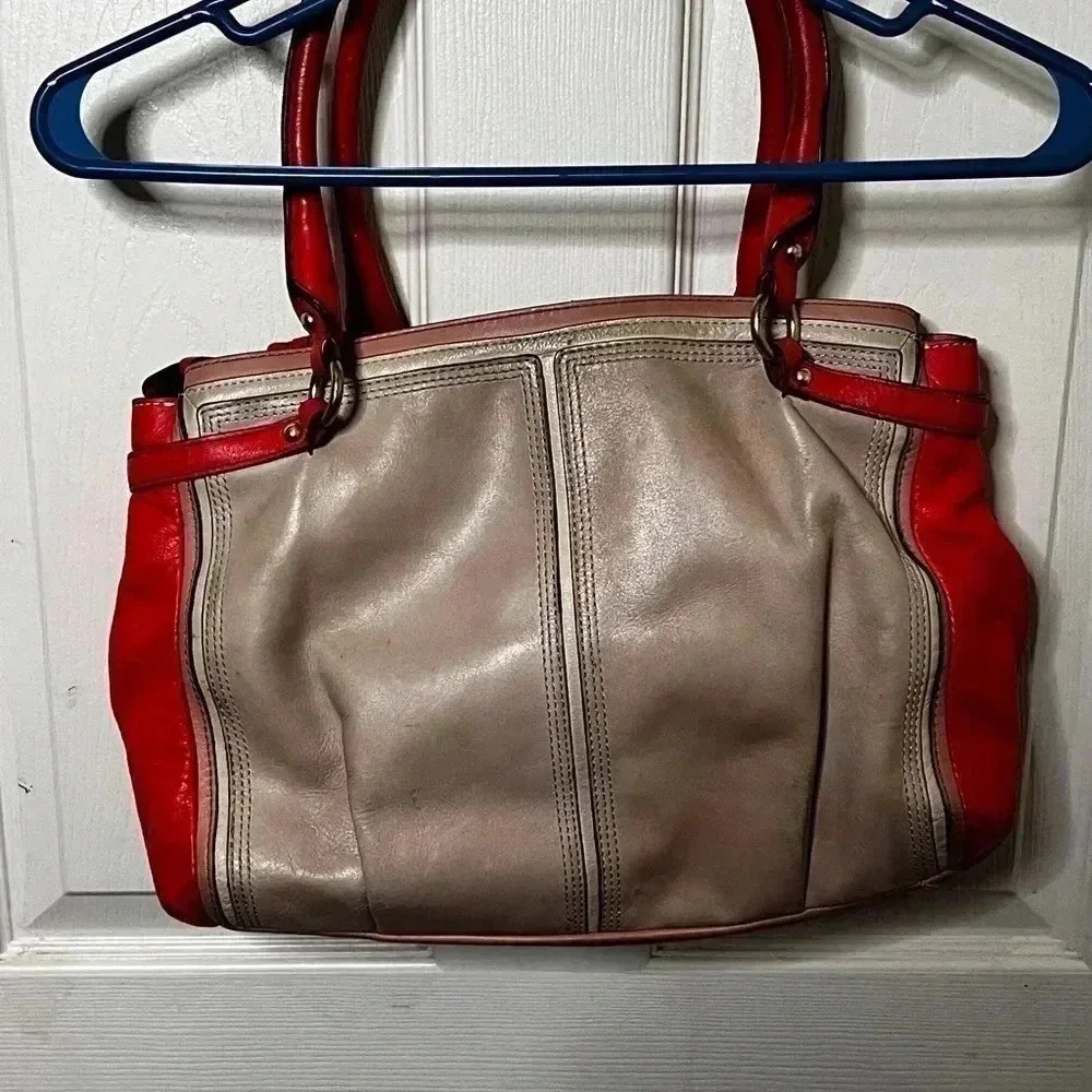 Coach Madison Coral Colorblock Leather Parchment Kara Carryall Tote Bag - Picture 5 of 8